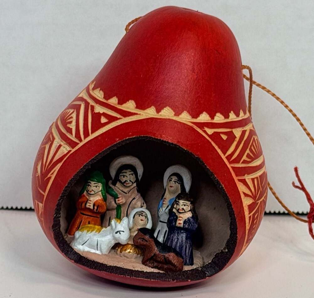 Hand Carved and Painted Gourd Nativity Scene Christmas Diorama Ornament